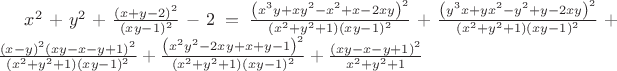 $x^2+y^2+\frac{(x+y-2)^2}{(xy-1)^2}-2=
\frac{\left(x^3y+xy^2-x^2+x-2xy\right)^2}{\left(x^2+y^2+1\right)(xy-1)^2}+
\frac{\left(y^3x+yx^2-y^2+y-2xy\right)^2}{\left(x^2+y^2+1\right)(xy-1)^2}+
\frac{(x-y)^2(xy-x-y+1)^2}{\left(x^2+y^2+1\right)(xy-1)^2}+
\frac{\left(x^2y^2-2xy+x+y-1\right)^2}{\left(x^2+y^2+1\right)(xy-1)^2}+
\frac{(xy-x-y+1)^2}{x^2+y^2+1}$