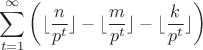 $$\sum_{t=1}^{\infty}\left(\lfloor\frac n{p^t}\rfloor-\lfloor\frac m{p^t}\rfloor-\lfloor\frac k{p^t}\rfloor\right)$$