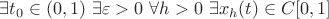 $\exists t_0\in(0,1)\ \exists \varepsilon>0\ \forall h>0\ \exists x_h(t)\in C[0,1]$