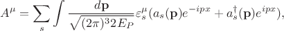 $$A^\mu=\sum_s\int\frac{d\mathbf{p}}{\sqrt{(2\pi)^32E_P}}\varepsilon^\mu_s(a_s(\mathbf{p})e^{-ipx}+a^{\dagger}_s(\mathbf{p})e^{ipx}),$$
