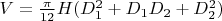 $V=\frac{\pi}{12}H(D_1^2+D_1 D_2+D_2^2)$