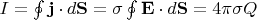 $I=\oint \mathbf j\cdot d\mathbf S=\sigma\oint \mathbf E\cdot d\mathbf S=4\pi\sigma Q$