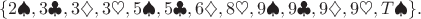 $$\{ 2\spadesuit, 3\clubsuit, 3\diamondsuit, 3\heartsuit, 5\spadesuit, 5\clubsuit, 6\diamondsuit, 8\heartsuit, 9\spadesuit, 9\clubsuit, 9\diamondsuit, 9\heartsuit, T\spadesuit \}.
$$
