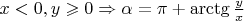 $\[x < 0,y \geqslant 0 \Rightarrow \alpha  = \pi  + \operatorname{arctg} \frac{y}{x}\]$