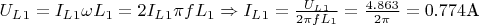 $U_L_1 = I_L_1 \omega L_1 =  2I_L_1 \pi fL_1 \Rightarrow I_L_1 = \frac{U_L_1}{2 \pi fL_1} = \frac{4.863}{2 \pi} = 0.774 \text{А}$