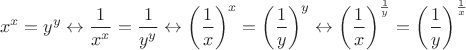 $$x^x=y^y \leftrightarrow \frac{1}{x^x}=\frac{1}{y^y} \leftrightarrow \left(\frac{1}{x}\right)^x=\left(\frac{1}{y}\right)^y\leftrightarrow \left(\frac{1}{x}\right)^{\frac{1}{y}}=\left(\frac{1}{y}\right)^{\frac{1}{x}}$$