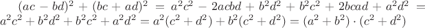$(ac-bd)^2 + (bc + ad)^2=a^2c^2 - 2acbd + b^2d^2 + b^2c^2 +2bcad+a^2d^2 = a^2c^2 + b^2d^2 +b^2c^2 +a^2 d^2=a^2(c^2+d^2)+b^2(c^2+d^2)=(a^2 + b^2)\cdot(c^2 + d^2)$