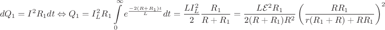 $$dQ_{1}=I^{2}R_{1}dt \Leftrightarrow Q_{1}=I_{L}^{2}R_{1} \int\limits_{0}^{\infty}e^{\frac{-2(R+R_{1})t}{L}} dt=\dfrac{LI_{L}^{2}}{2}\dfrac{R_{1}}{R+R_{1}}=\dfrac{L\mathcal{E}^{2}R_{1}}{2(R+R_{1})R^{2}} \left(\dfrac{RR_{1}}{r(R_{1}+R)+RR_{1}} \right)^{2}$$