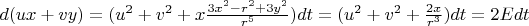 $d(ux+vy)=(u^2+v^2+x\frac{3x^2-r^2+3y^2}{r^5})dt=(u^2+v^2+\frac {2x}{r^3})dt =2Edt$