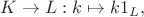 $K\rightarrow L :k\mapsto k1_L,$