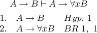 $$A \rightarrow B \vdash A \rightarrow \forall x B $$
$$\begin{array}{lll} 
1. & A \rightarrow B & Hyp. \ 1\\
2. & A \rightarrow \forall x B & BR \ 1, \ 1\\
\end{array}$$