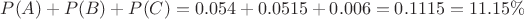 $P(A) + P(B) + P(C) = 0.054 + 0.0515 + 0.006 = 0.1115 = 11.15\%$