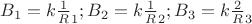 $B_1 =k \frac 1 R_1 ; 
B_2 = k \frac 1 R_2 ;
B_3 = k \frac 2 R_3$