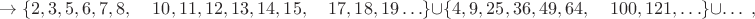 $$\to \{2, 3, 5, 6, 7, 8, \;\;\;\; 10, 11, 12, 13, 14, 15, \;\;\;\; 17, 18, 19 \ldots\}\cup \{4, 9, 25, 36, 49, 64, \;\;\;\; 100, 121, \ldots \}\cup \ldots \; ,$$