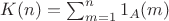 $K(n)=\sum_{m=1}^n {1_A(m)}$