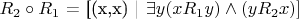$R_2 \circ R_1$ = [(x,x) | \exists y (xR_1y) \wedge (yR_2x)]