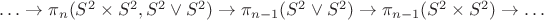 $\ldots \to \pi_n(S^2\times S^2,S^2\vee S^2) \to \pi_{n-1}(S^2\vee S^2)\to \pi_{n-1}(S^2\times S^2)\to \ldots$