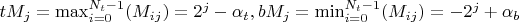 $tM_j=\max \nolimits_{i=0}^{N_t-1}(M_{ij})=2^j-\alpha _t, bM_j=\min \nolimits_{i=0}^{N_t-1}(M_{ij})=-2^j+\alpha _b$