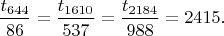 $$\dfrac{t_{644}}{86}=\dfrac{t_{1610}}{537}=\dfrac{t_{2184}}{988}=2415.$$