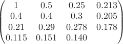 \begin{pmatrix} 1 & 0.5 & 0.25 & 0.213 \\ 0.4 & 0.4 & 0.3 & 0.205 \\ 0.21 & 0.29 & 0.278 & 0.178 \\ 0.115 & 0.151 & 0.140 &  \end{pmatrix}