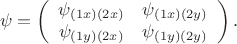 $$\psi=\left(\begin{array}{cc}\psi_{(1x)(2x)}&\psi_{(1x)(2y)}\\\psi_{(1y)(2x)}&\psi_{(1y)(2y)}\end{array}\right).$$