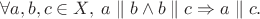 $$\forall a, b, c\in X, \; a\parallel b\land b\parallel c\Rightarrow a\parallel c.$$
