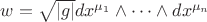 $w = \sqrt{|g|} dx^{\mu_1} \wedge \dots \wedge dx^{\mu_n}$