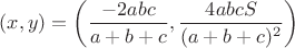 $(x,y)=\left(\dfrac{-2abc}{a+b+c},\dfrac{4abcS}{(a+b+c)^2}\right)$