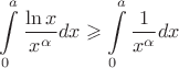 $$\int\limits_0^a \frac{\ln x}{x^{\alpha}}dx \geqslant \int\limits_0^a \frac{1}{x^{\alpha}}dx $$