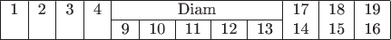 \begin{tabular}{|c|c|c|c|c|c|c|c|c|c|c|c|c|}
\hline
1 & 2 & 3 & 4 & \multicolumn{5}{|c|}{Diam} &17 &18 &19  \\
\cline{5-9}& & && 9&10 & 11& 12&13&14 &15&16\\
\hline
\end{tabular}
