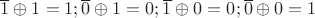 $\overline{1} \oplus 1=1; \overline{0} \oplus 1= 0; \overline{1} \oplus {0}=0; \overline{0} \oplus 0=1$