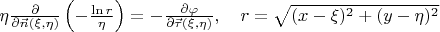 $\eta\frac{\partial}{\partial \vec{n}(\xi,\eta)}\left(-\frac{\ln r}{\eta}\right)=-\frac{\partial \varphi}{\partial \vec{\tau}(\xi,\eta)},  \quad r=\sqrt{(x-\xi)^2+(y-\eta)^2}$