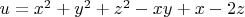 $u=x^2+y^2+z^2-xy+x-2z$