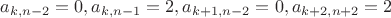 $a_{k, n-2}=0, a_{k, n-1}=2,  a_{k+1, n-2}=0,  a_{k+2, n+2}=2$