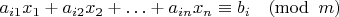 $a_{i1}x_{1}+a_{i2}x_{2}+\ldots+a_{in}x_{n}\equiv b_{i}\quad(\hspace{-2.5mm}\mod\, m)$