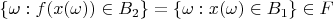 $\{\omega: f(x(\omega)) \in B_2\} = \{\omega: x(\omega) \in B_1\} \in F$