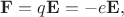 $\mathbf{F}=q\mathbf{E}=-e\mathbf{E},$