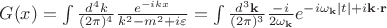 $G(x)= \int \frac{d^4k}{(2\pi)^4}\frac{e^{-ikx}}{k^2-m^2+i\varepsilon}=\int \frac{d^3\mathbf{k}}{(2\pi)^3} \frac{-i}{2\omega_{\mathbf{k}}} e^{-i\omega_{\mathbf{k}}|t|+i\mathbf{k}\cdot \mathbf{r}}$