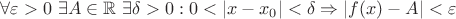 $\forall \varepsilon>0 \ \exists A\in \mathbb{R} \ \exists \delta > 0: 0 <\left\lvert x - x_0 \right\rvert < \delta \Rightarrow \left\lvert f(x) - A\right\rvert < \varepsilon$