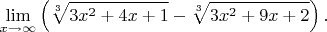 $$\lim _{x\to \infty }\left(\sqrt[3]{3x^2+4x+1}-\sqrt[3]{3x^2+9x+2}\right).$$