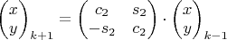 $\begin{pmatrix}x\\y\end{pmatrix}_{k+1}=\begin{pmatrix}c_2&s_2\\-s_2&c_2\end{pmatrix}\cdot\begin{pmatrix}x\\y\end{pmatrix}_{k-1}$