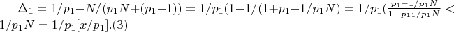 $\Delta_1=1/p_1-N/(p_1N+(p_1-1)) =1/p_1(1-1/(1+p_1-1/p_1N)=1/p_1(\frac {p_1-1/p_1N} {1+p_1_1/p_1N}<1/p_1N=1/p_1[x/p_1].(3)$