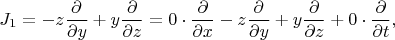 $$J_1=-z\dfrac{\partial}{\partial y}+y\dfrac{\partial}{\partial z}=0\cdot\dfrac{\partial}{\partial x}-z\dfrac{\partial}{\partial y}+y\dfrac{\partial}{\partial z}+0\cdot\dfrac{\partial}{\partial t},$$