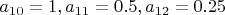 $a_{10}=1, a_{11}=0.5, a_{12}=0.25$