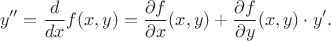 $$y''=\frac d{dx}f(x,y)=\frac{\partial f}{\partial x}(x,y)+\frac{\partial f}{\partial y}(x,y)\cdot y'.$$
