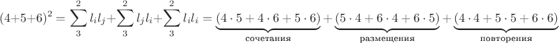 $$(4+5+6)^2=\sum_3^2 l_il_j+\sum_3^2 l_jl_i+\sum_3^2 l_il_i=\underbrace{(4\cdot5+4\cdot6+5\cdot6)}_\text{сочетания}+\underbrace{(5\cdot4+6\cdot4+6\cdot5)}_\text{размещения}+\underbrace{(4\cdot4+5\cdot5+6\cdot6)}_\text{повторения}$$