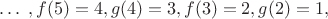 $$\ldots \;, f(5)=4, g(4)=3, f(3)=2, g(2)=1,$$