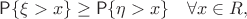 $$ \Prob\{\xi>x\}\ge \Prob\{\eta>x\}  \quad \forall x\in R, $$