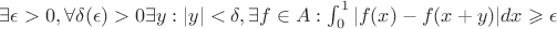 $\exists \epsilon >0, \forall \delta(\epsilon)>0 \exists y: |y|<\delta, \exists f \in A: \int_{0}^{1} |f(x) - f(x+y)|dx \geqslant \epsilon$