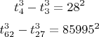 $$ t_4^3-t_3^3=28^2$$
$$ t_{62}^3-t_{27}^3=85995^2$$